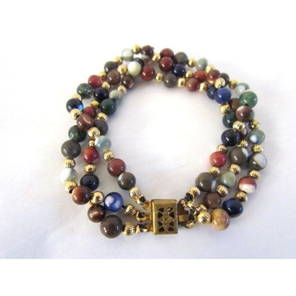 Vintage Multi-Stone Beaded Bracelet 3-Strand 7" Gold Tone Spacer Beads Box Clasp